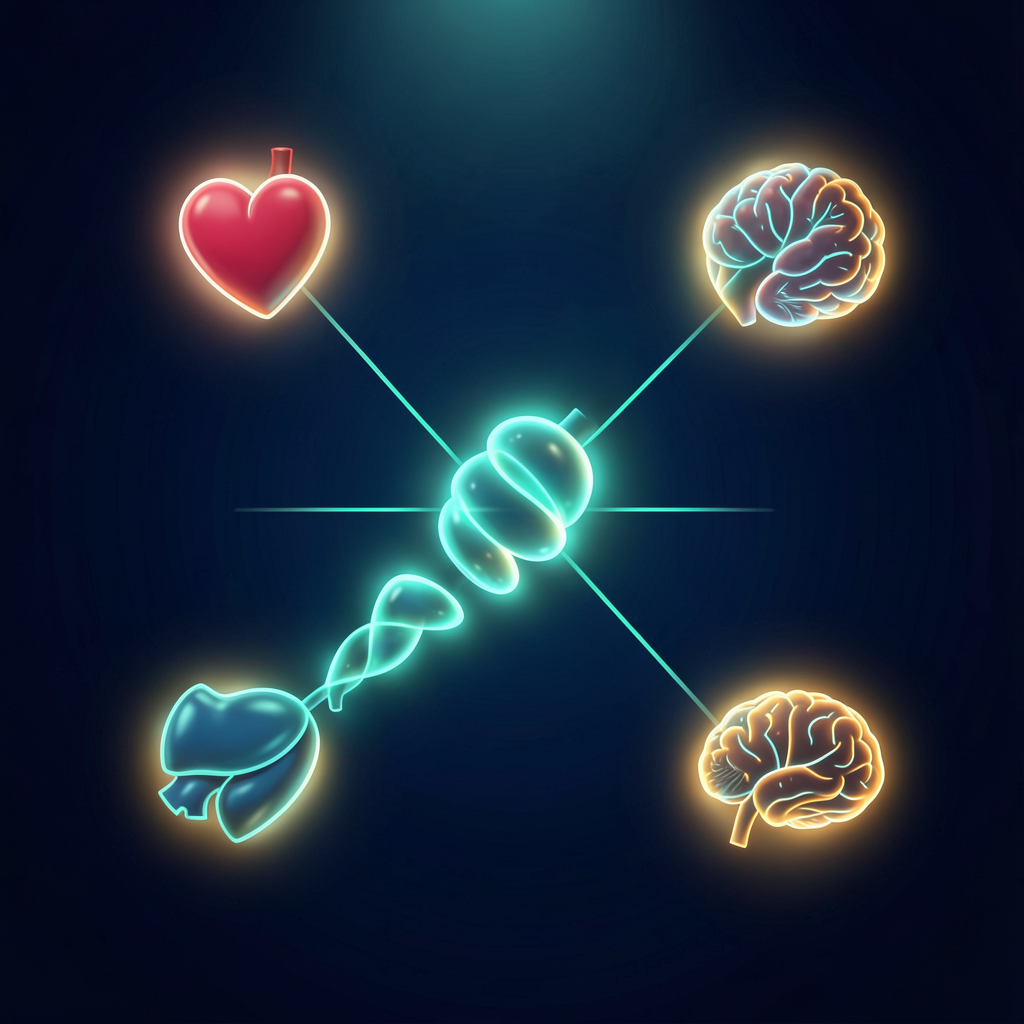 Abstract visualization of a GLP-1 molecule interacting with multiple organ systems