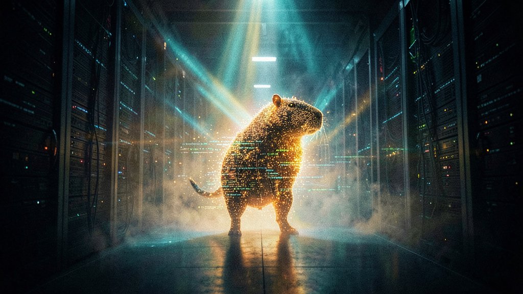 A glowing capybara made of data streams and code fragments standing in a server room corridor — representing Claude Mythos, Anthropic's leaked Capybara-tier model