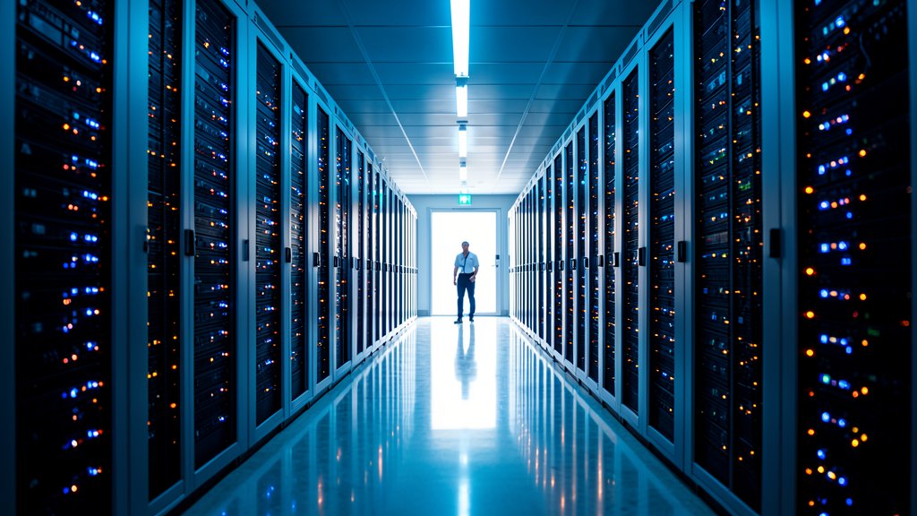 A technician walking through a vast data center corridor lined with server racks glowing blue and amber, heading toward a bright doorway — representing infrastructure readiness for Mythos deployment