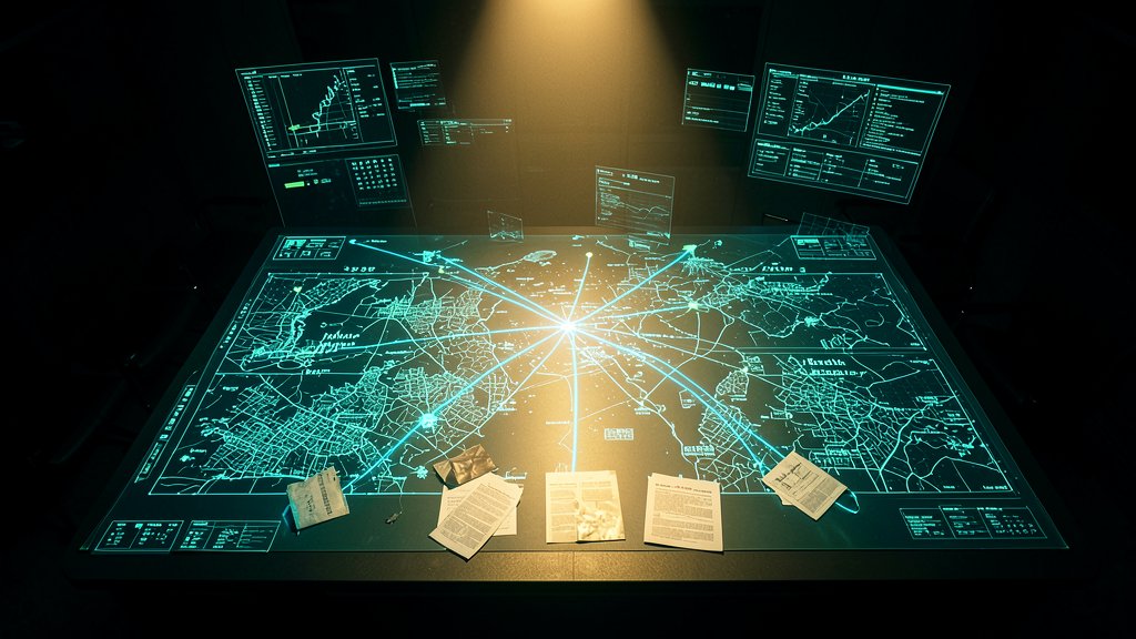 A holographic strategy table showing connected timelines, city maps, and competitive calendar data — visualizing Anthropic's multi-city launch planning